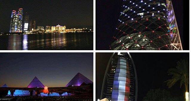 بالفيديو : الامارات ومصر يتضامنان مع فرنسا باضاءة معالم البلدين بالعلم الفرنسي