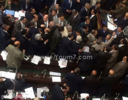 بالصور .. ضرب توفيق عكاشة بالحذاء في البرلمان المصري