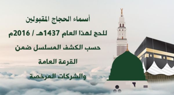 اسماء الحجاج المقبولين والمعتمدين "المحافظات الجنوبية" 2016 موسم حج 1437 هـ 2016م
