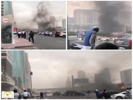 دبي.. سقوط رافعة واحتراق 3 سيارات في شارع الشيخ زايد، فيديو وصور