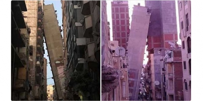 شاهد بالفيديو.. بناية من 12 طابقاً تميل صوب أخرى، معلومات جديدة عن العقار المتهالك