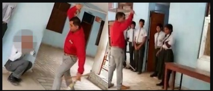 شاهد مدير مدرسة يضرب تلامذته بالعصي بلا رحمة