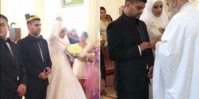 شاهد... لبنانية مسلمة تتزوج شاباً مسيحياً داخل الكنيسة!