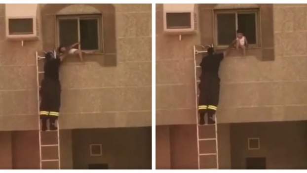 بالفيديو- طريقة إنقاذ طفل عالق على شرفة منزله تثير الجدل في الكويت...