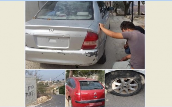 صور..مستوطنون يعطبون إطارات مركبات ويخطون شعارات عنصرية جنوب نابلس
