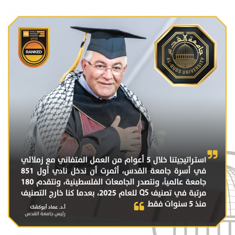جامعة القدس الأولى فلسطينيًا في تصنيف QS العالمي للعام 2025: أول جامعة فلسطينية تدخل فئة أفضل 851-900 جامعة حول العالم