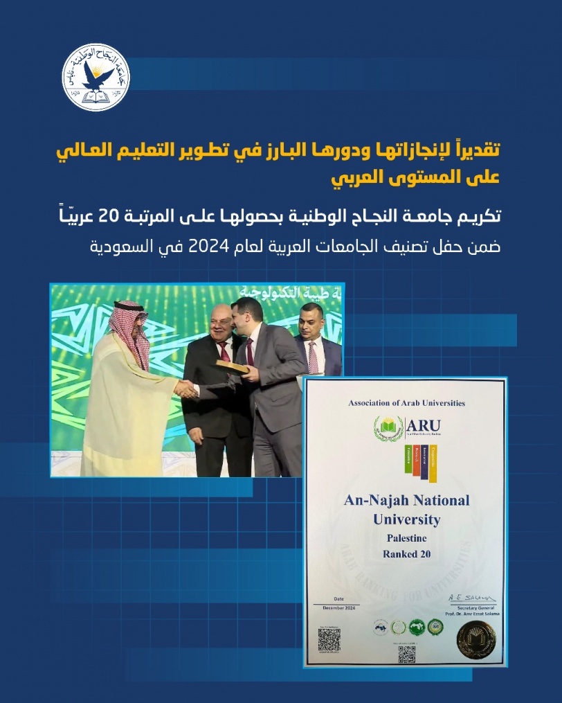 تكريم جامعة النجاح الوطنية بحصولها على المرتبة 20 عربيّاً والاولى فلسطينياً ضمن حفل تصنيف الجامعات العربية لعام 2024 في السعودية  