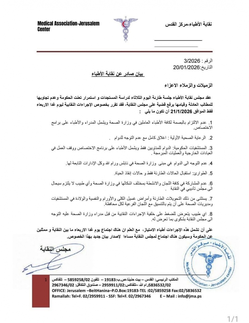 نقابة الأطباء تقرر اتخاذ إجراءات جديدة في ظل”تعنت” الحكومة وعدم تجاوبها لمطالبها