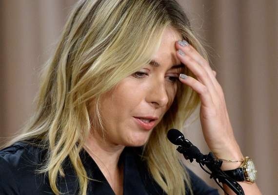 LOS ANGELES, CA - MARCH 07:  Tennis player Maria Sharapova reacts as she addresses the media regarding a failed drug test at The LA Hotel Downtown on March 7, 2016 in Los Angeles, California. Sharapova, a five-time major champion, is currently the 7th ranked player on the WTA tour. Sharapova, withdrew from this weeks BNP Paribas Open at Indian Wells due to injury.  (Photo by Kevork Djansezian/Getty Images)