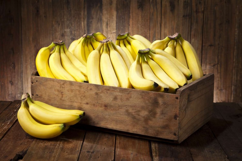 Side view of a tilted wooden crate filled with fresh organic bananas sitting on rustic wood table. The crate is lopsided with a banana bunch out of it. Predominant color is brown and yellow. DSRL studio photo taken with Canon EOS 5D Mk II and Canon EF 24-105mm f/4L IS USM Lens
